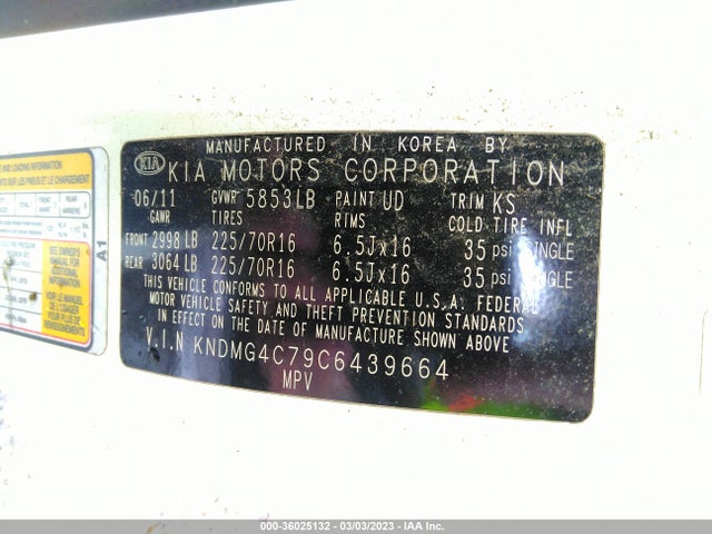 2012 KIA SEDONA LX VIN: KNDMG4C79C6439664