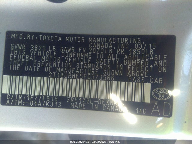 2015 TOYOTA COROLLA L/LE/S/S PLUS/LE PLUS VIN: 2T1BURHE5FC373566