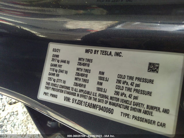 Tesla Model 3 Standard Range Plus 2021 5YJ3E1EA8MF940060 Image 9