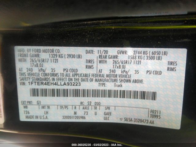 1FTER4EH4LLA93223 Ford Ranger Xl/xlt/lariat