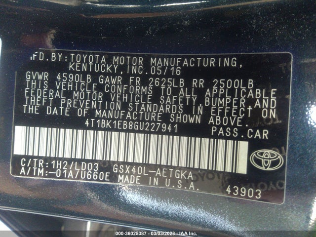 2016 TOYOTA AVALON LIMITED/TOURING/XLE VIN: 4T1BK1EB8GU227941