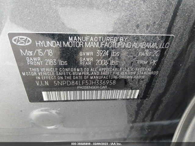 2018 HYUNDAI ELANTRA SEL VIN: 5NPD84LF5JH336958