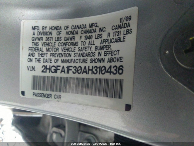 2010 HONDA CIVIC SDN DX-VP VIN: 2HGFA1F30AH310436