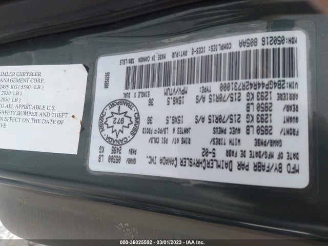 2002 DODGE CARAVAN SPORT VIN: 2B4GP44R42R731000