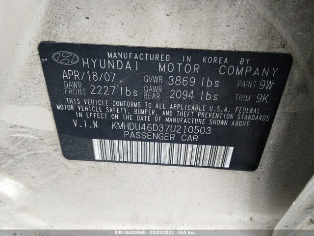2007 HYUNDAI ELANTRA GLS/SE/LTD VIN: KMHDU46D37U210503
