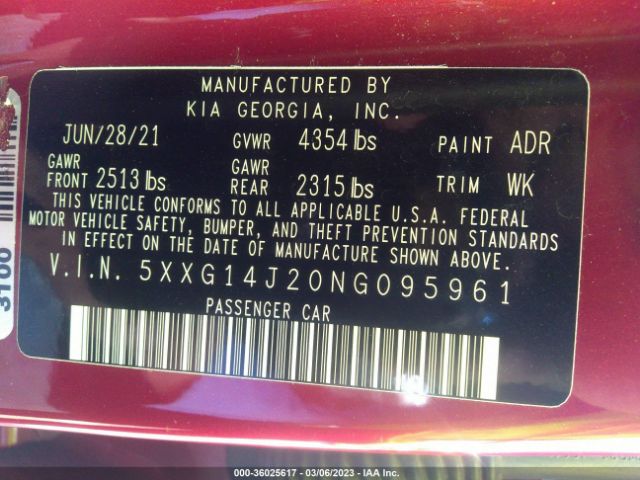 5XXG14J20NG095961 KIA K5 LXS