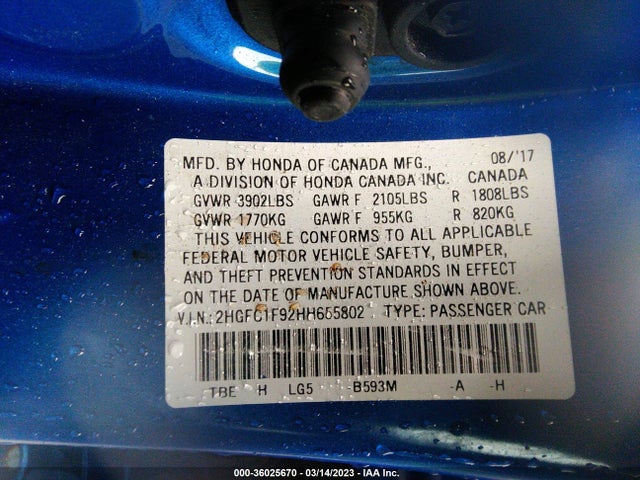 Honda CIVIC SEDAN 2017 2HGFC1F92HH655802 Image 9