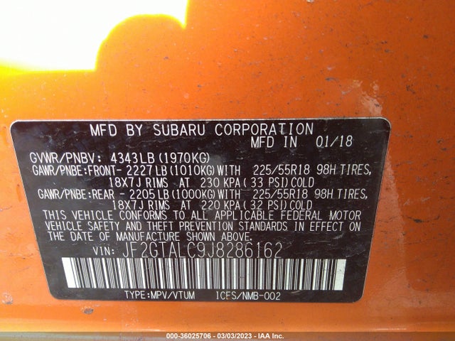 2018 SUBARU CROSSTREK LIMITED VIN: JF2GTALC9J8286162