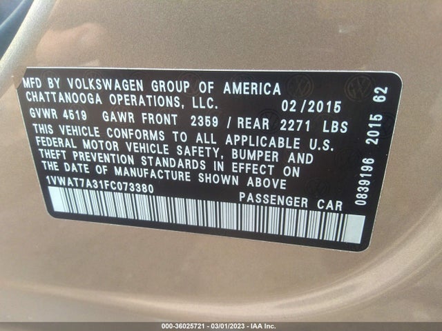 1VWAT7A31FC073380 Volkswagen Passat 1.8t Wolfsburg Ed