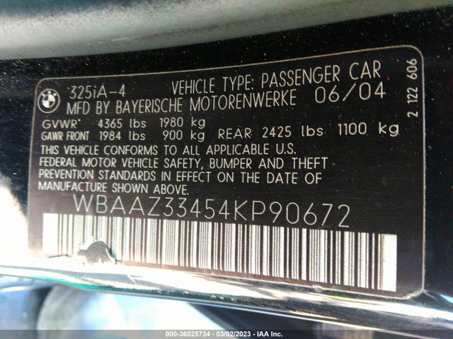 2004 BMW 3 SERIES 325I VIN: WBAAZ33454KP90672
