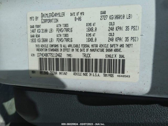 Dodge DAKOTA SLT 2007 1D7HE48K77S112462 Image 9