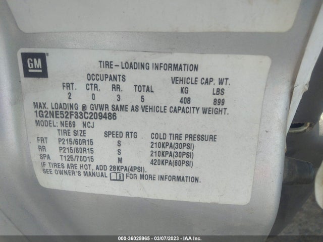 2003 PONTIAC GRAND AM SE VIN: 1G2NE52F33C209486