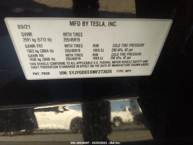 Tesla Model Y Long Range 2021 5YJYGDEEXMF273626 Image 9