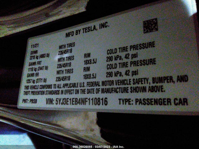 5YJ3E1EB4NF110816 Tesla Model 3 Long Range