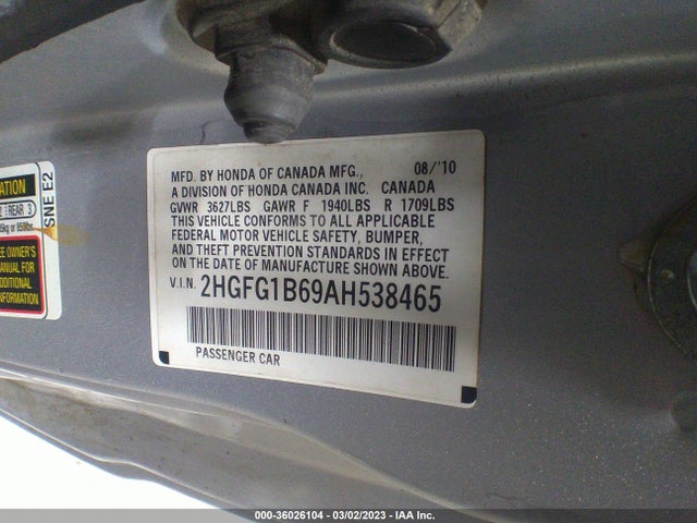 2010 HONDA CIVIC CPE LX VIN: 2HGFG1B69AH538465