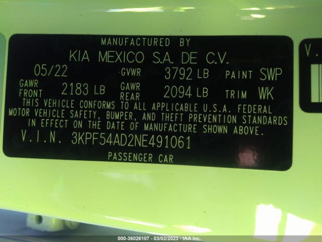 3KPF54AD2NE491061 KIA Forte Gt-line