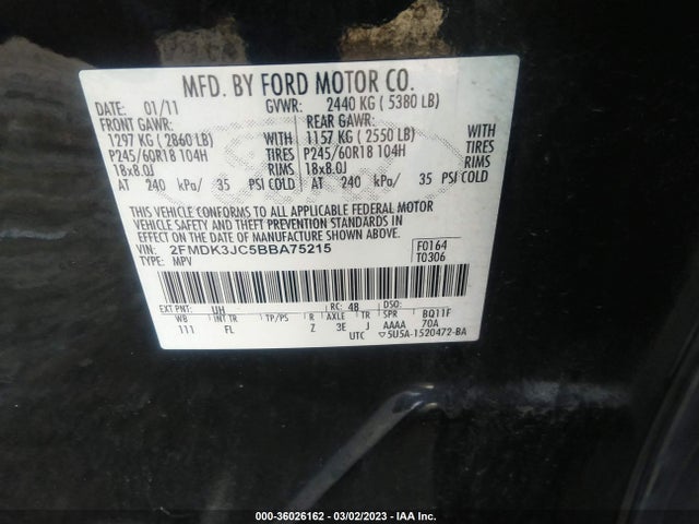 2011 FORD EDGE SEL VIN: 2FMDK3JC5BBA75215
