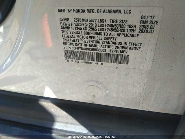 5FRYD4H9XHB038008 Acura Mdx W/advance