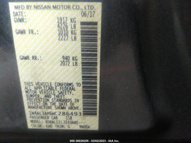 2017 NISSAN ALTIMA 2.5 SV VIN: 1N4AL3AP6HC286493