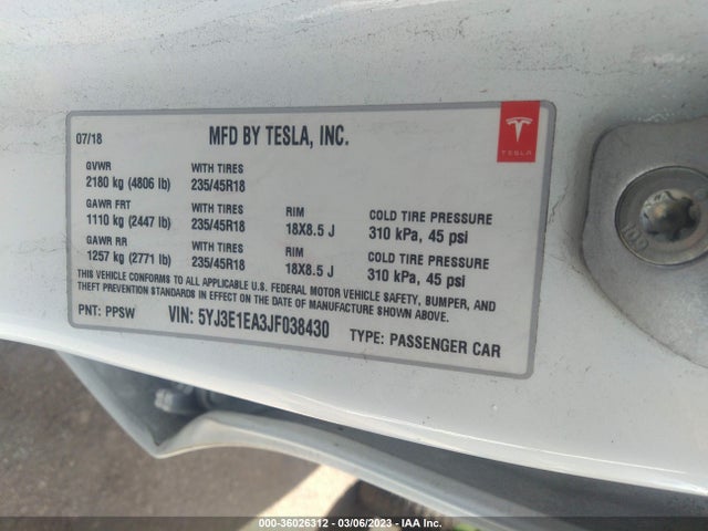 Tesla Model 3 Range Battery 2018 5YJ3E1EA3JF038430 Image 9