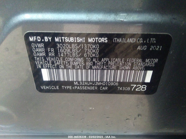 2021 MITSUBISHI MIRAGE ES/LE/CARBONITE EDITION VIN: ML32AUHJ2MH010906