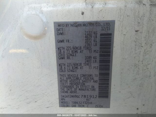 5N1AT2MV9GC781912 Nissan Rogue Sl