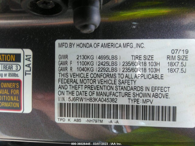 Honda Cr-v Ex-l 2019 5J6RW1H83KA045382 Image 9