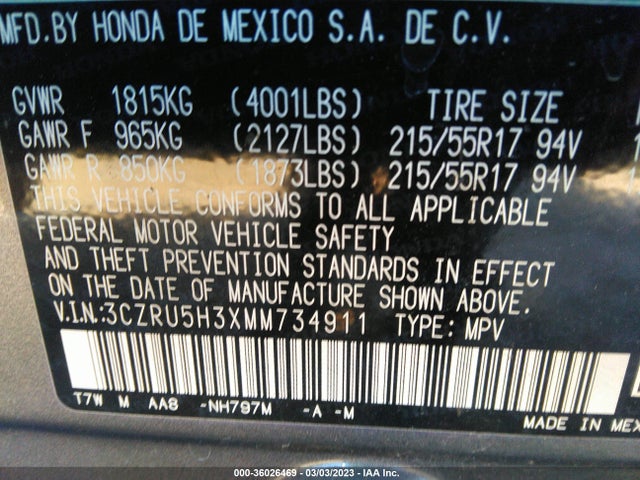 2021 HONDA HR-V LX VIN: 3CZRU5H3XMM734911