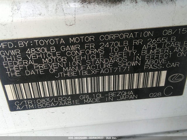 JTHBE1BLXFA017171 Lexus GS 350