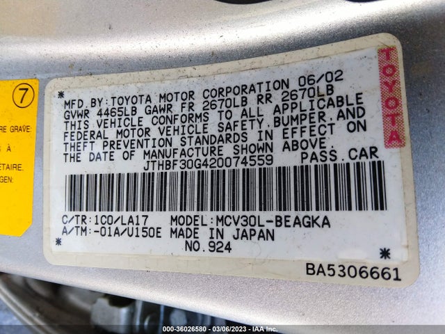 2002 LEXUS ES 300 VIN: JTHBF30G420074559