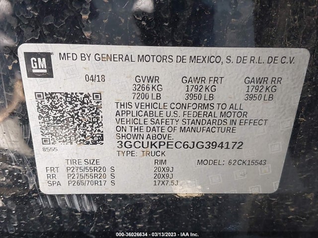 2018 CHEVROLET SILVERADO 1500 CUSTOM VIN: 3GCUKPEC6JG394172