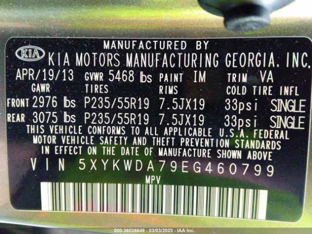 5XYKWDA79EG460799 KIA Sorento Sx Limited