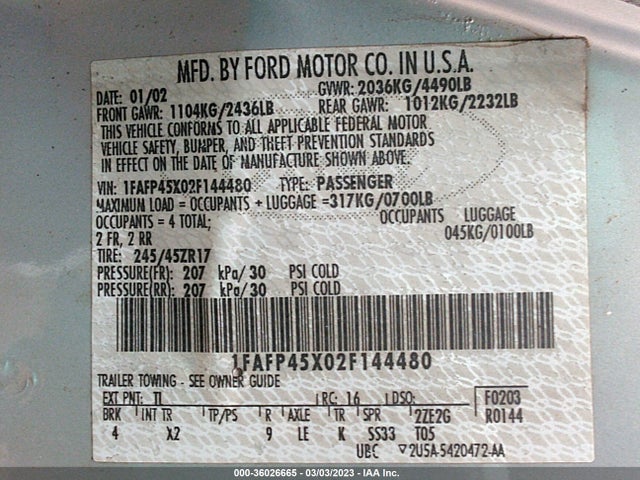 2002 FORD MUSTANG GT VIN: 1FAFP45X02F144480