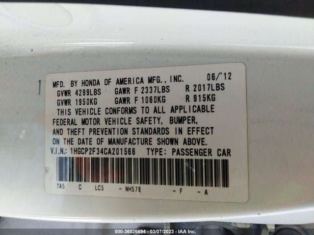 2012 HONDA ACCORD SDN LX VIN: 1HGCP2F34CA201566