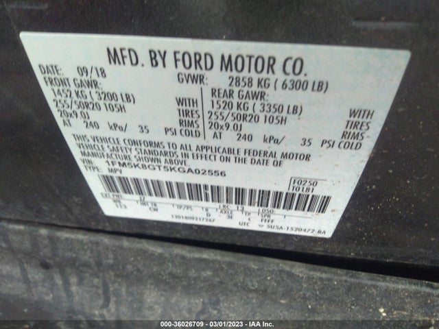 2019 FORD EXPLORER SPORT VIN: 1FM5K8GT5KGA02556