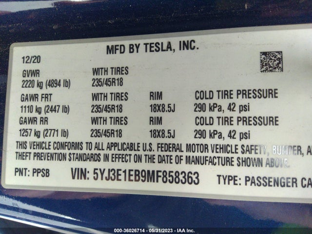 Tesla Model 3 Long Range 2021 5YJ3E1EB9MF858363 Image 10