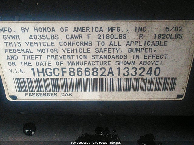 2002 HONDA ACCORD SDN VP VIN: 1HGCF86682A133240