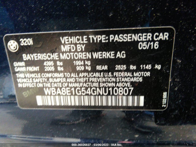 BMW 3 Series 320i 2016 WBA8E1G54GNU10807 Image 9