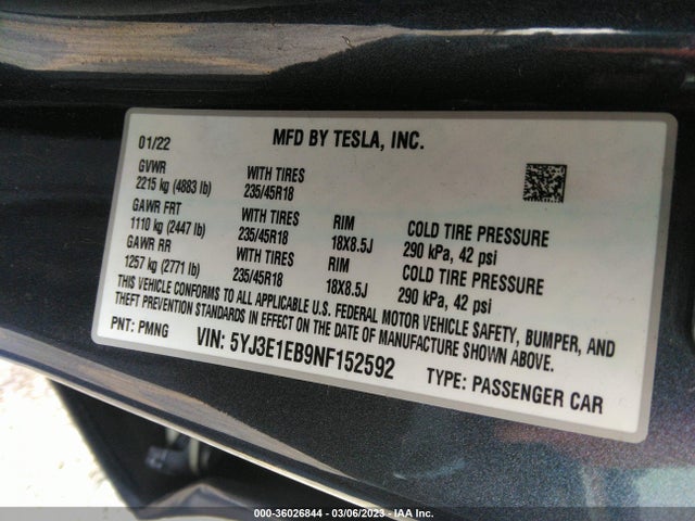 Tesla Model 3 Long Range 2022 5YJ3E1EB9NF152592 Image 9