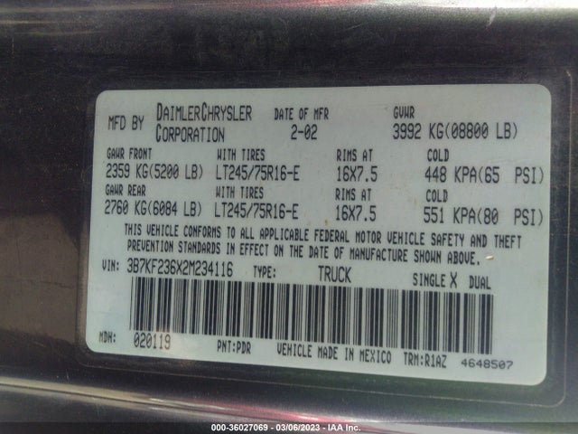 Dodge RAM 2500 2002 3B7KF236X2M234116 Image 10