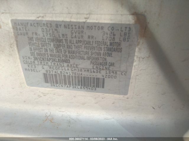 3N1CN7AP3KL859403 Nissan Versa Sedan Sv