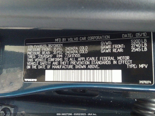 Volvo Xc60 3.2l 2011 YV4952DL3B2138001 Image 9