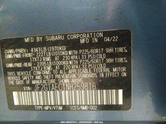 JF2GTAEC1NH259816 Subaru Crosstrek Premium