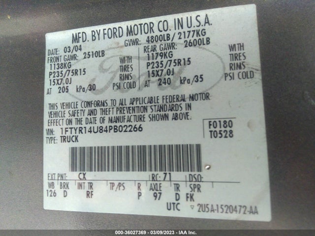 2004 FORD RANGER XL/XLT/EDGE/TREMOR VIN: 1FTYR14U84PB02266