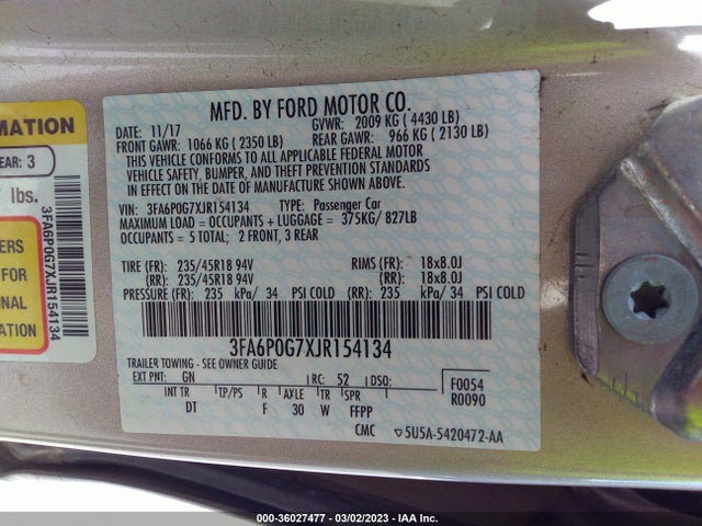 2018 FORD FUSION S VIN: 3FA6P0G7XJR154134