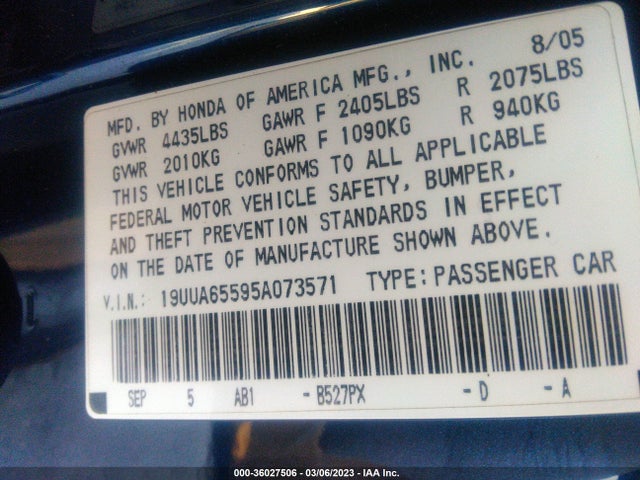 Acura TL 2005 19UUA65595A073571 Image 10