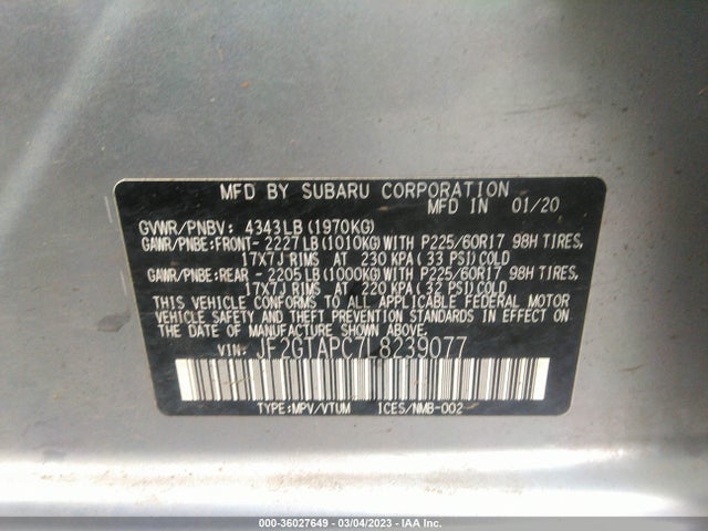 2020 SUBARU CROSSTREK PREMIUM VIN: JF2GTAPC7L8239077
