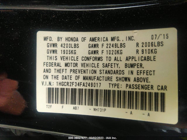 Aukcja sprzedaży 2015 Honda Accord Sedan Lx, vin: 1HGCR2F34FA249017, numer aukcji: 36027677