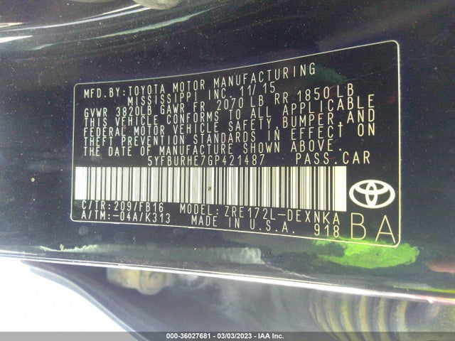 Toyota Corolla L/le/s/s Plus/le Plus 2016 5YFBURHE7GP421487 Image 9
