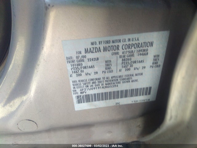 2001 MAZDA TRIBUTE LX/ES VIN: 4F2YU09191KM05394